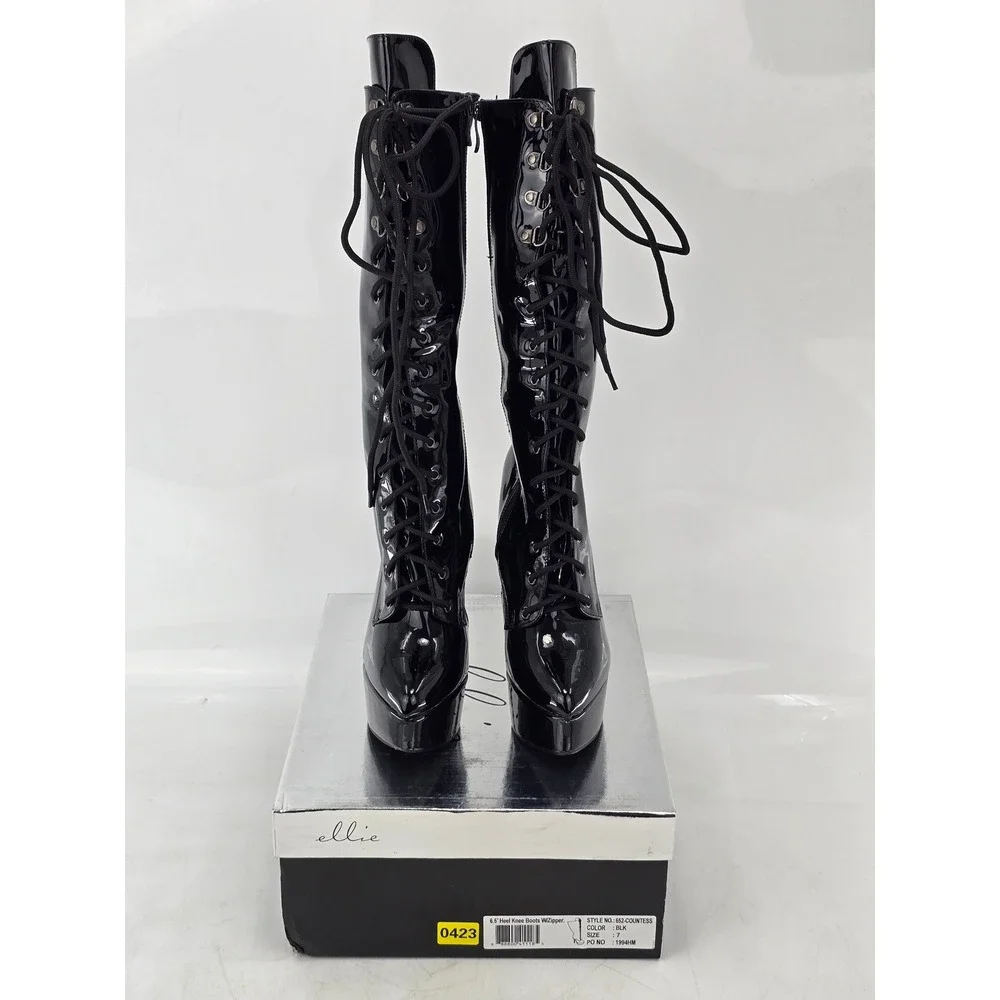 Ellie Shoes 652-Countess Knee High Boots Womens 7 Black Patent Lace Up -NEW